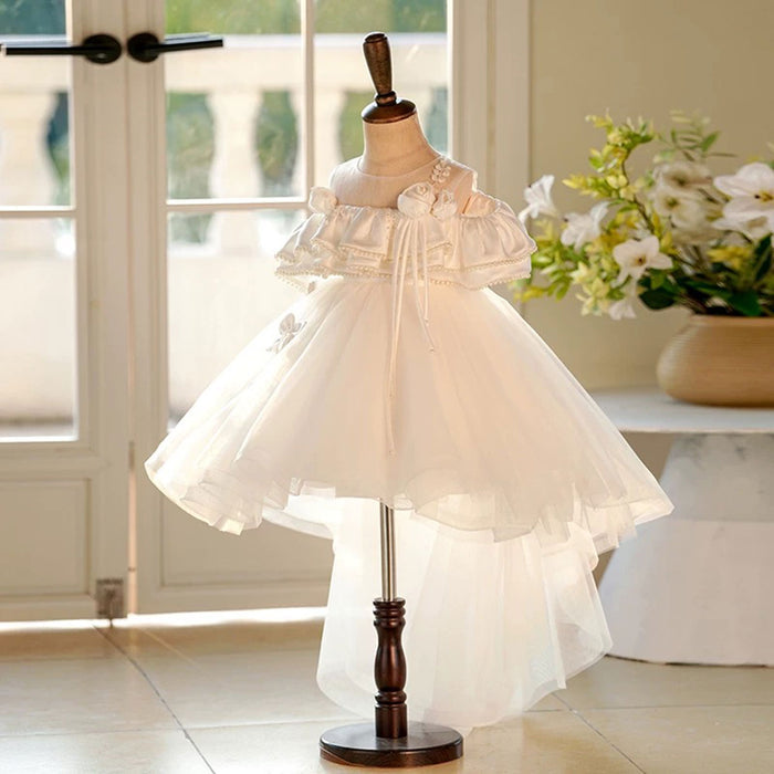 Off-Shoulder Ruffled Pearled Green Tulle Flower Girl Dress J551