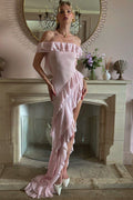 Off-Shoulder Ruffles High Slit Chiffon Sheer Long Prom Party Dress
