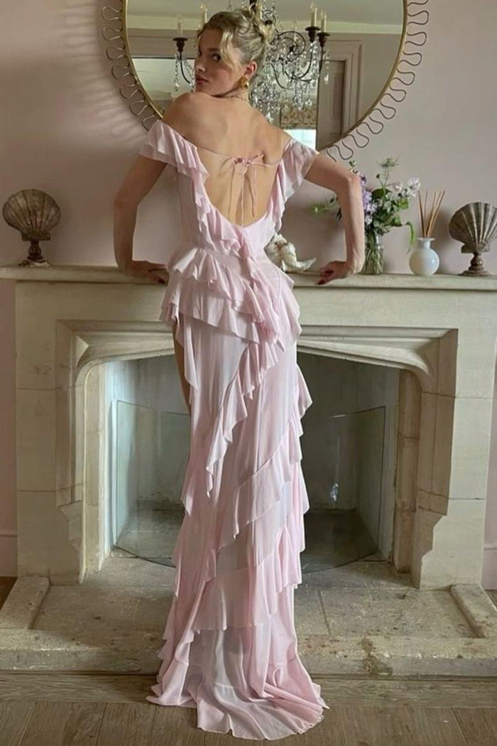 Off-Shoulder Ruffles High Slit Chiffon Sheer Long Prom Party Dress