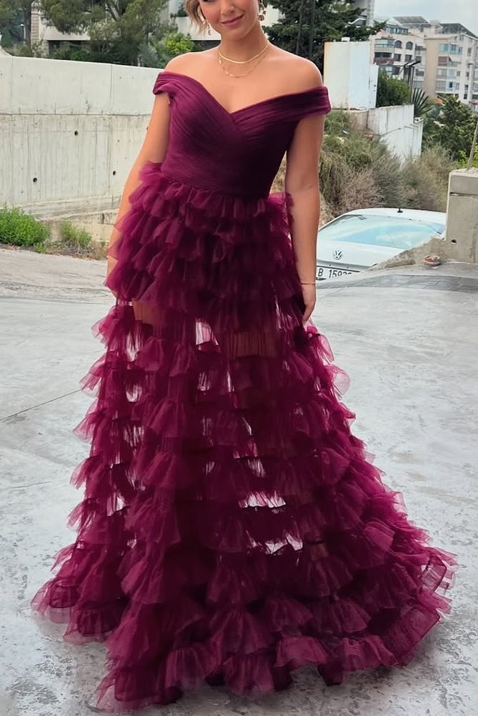 Off-Shoulder V-Neck A-Line Empire-Waist Ruffles Tulle Formal Prom Dress
