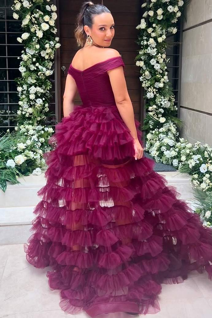 Off-Shoulder V-Neck A-Line Empire-Waist Ruffles Tulle Formal Prom Dress
