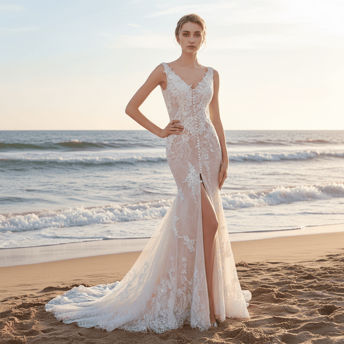 Off Shoulder V-neck Lace Bridal Wedding Dress with Center Slit - Rosymae