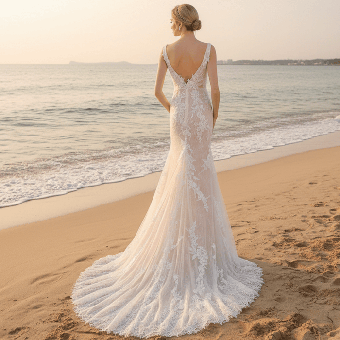 Off Shoulder V-neck Lace Bridal Wedding Dress with Center Slit - Rosymae