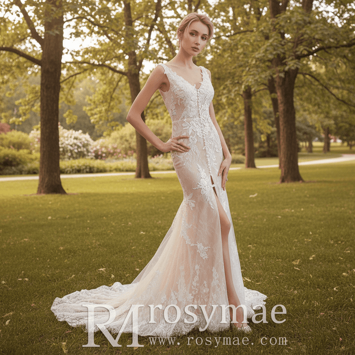 Off Shoulder V-neck Lace Bridal Wedding Dress with Center Slit - Rosymae