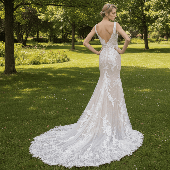 Off Shoulder V-neck Lace Bridal Wedding Dress with Center Slit - Rosymae