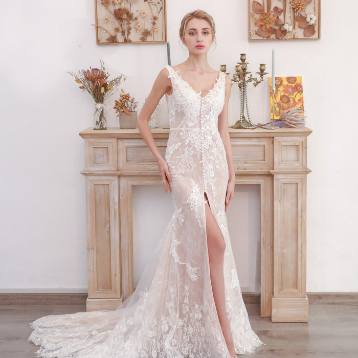 Off Shoulder V-neck Lace Bridal Wedding Dress with Center Slit - Rosymae