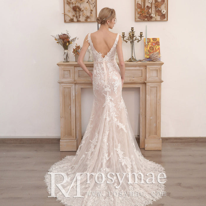 Off Shoulder V-neck Lace Bridal Wedding Dress with Center Slit - Rosymae