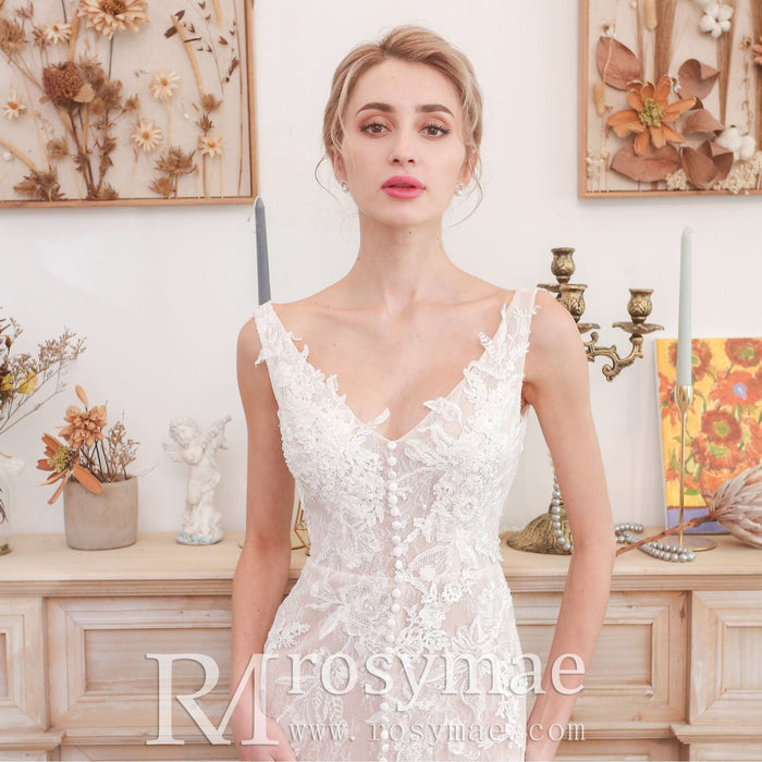 Off Shoulder V-neck Lace Bridal Wedding Dress with Center Slit - Rosymae