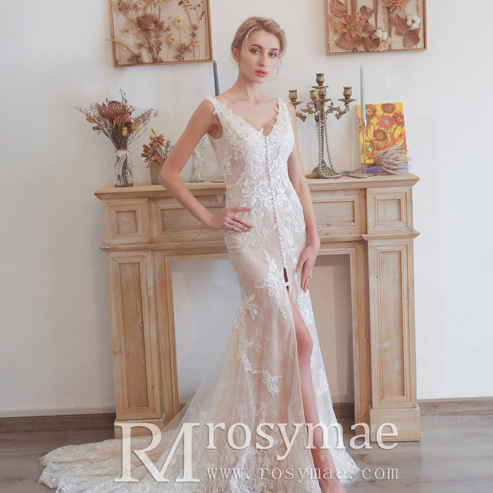 Off Shoulder V-neck Lace Bridal Wedding Dress with Center Slit - Rosymae
