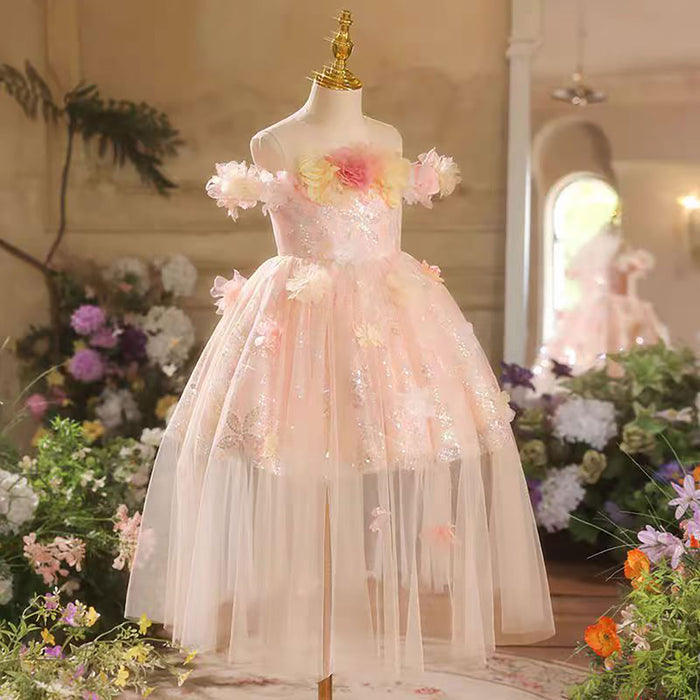 Off-Shoulder With Applique Detail Pink Flower Girl Dress D036