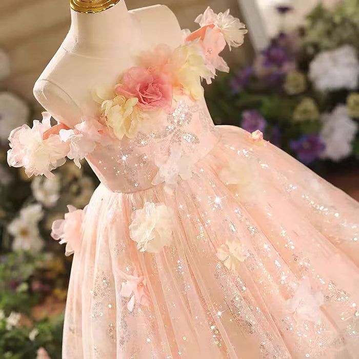 Off-Shoulder With Applique Detail Pink Flower Girl Dress D036