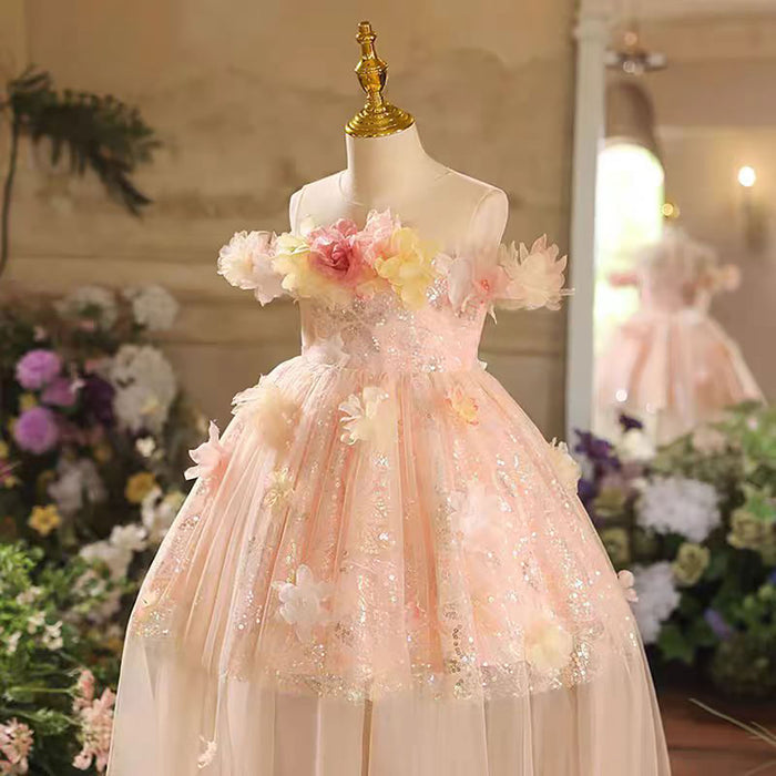 Off-Shoulder With Applique Detail Pink Flower Girl Dress D036