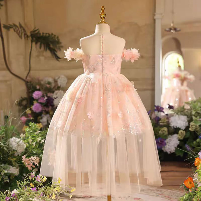 Off-Shoulder With Applique Detail Pink Flower Girl Dress D036