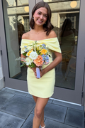 Off-Shoulder Yellow Bodycon Satin Pleats Mini Homecoming Dress