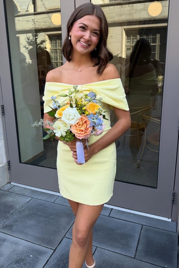 Off-Shoulder Yellow Bodycon Satin Pleats Mini Homecoming Dress