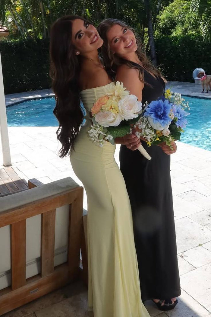 Off-Shoulder Yellow Pleats Mermaid Long Prom Dress