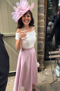 Off-the-Shoulder Belted Tea-Length Mother of the Bride Dress