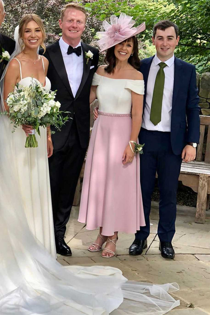 Off-the-Shoulder Belted Tea-Length Mother of the Bride Dress