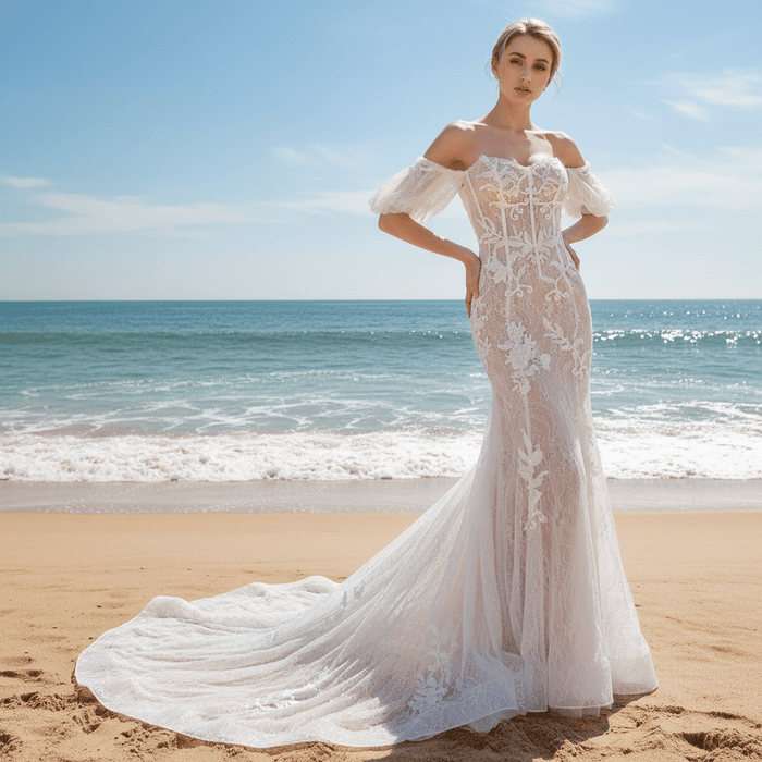 Off the Shoulder Sleeve Lace Mermaid Wedding Dress - Rosymae