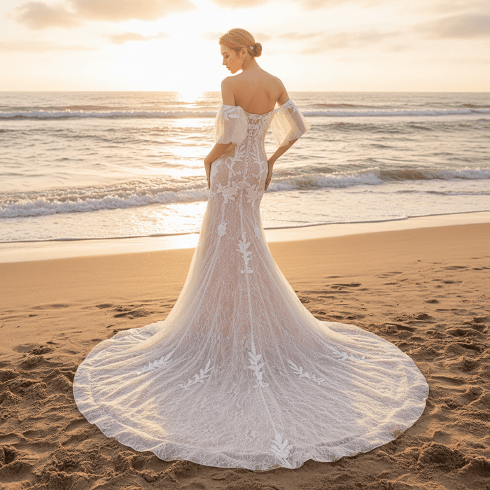 Off the Shoulder Sleeve Lace Mermaid Wedding Dress - Rosymae