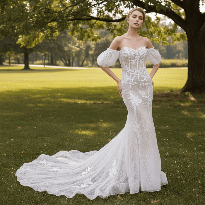 Off the Shoulder Sleeve Lace Mermaid Wedding Dress - Rosymae