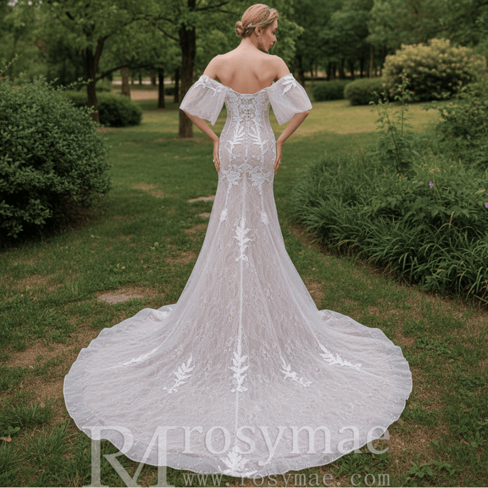 Off the Shoulder Sleeve Lace Mermaid Wedding Dress - Rosymae