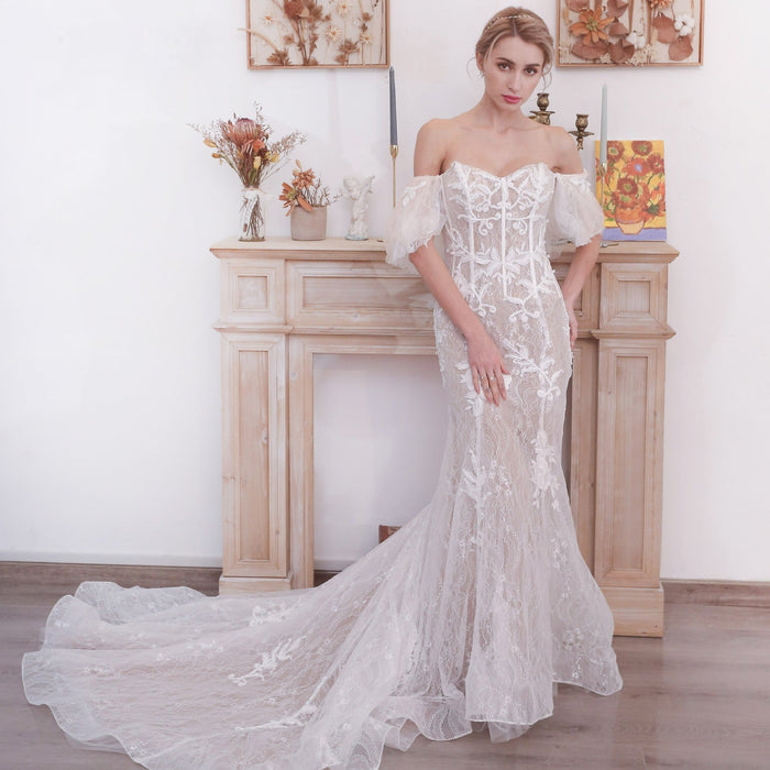 Off the Shoulder Sleeve Lace Mermaid Wedding Dress - Rosymae