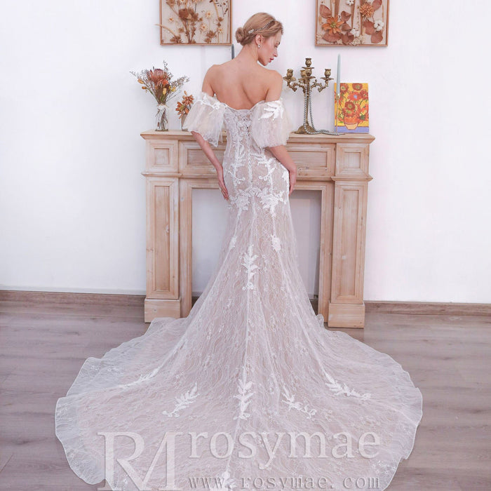 Off the Shoulder Sleeve Lace Mermaid Wedding Dress - Rosymae