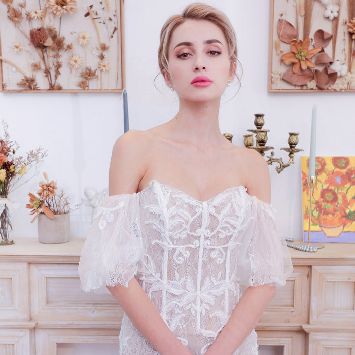 Off the Shoulder Sleeve Lace Mermaid Wedding Dress - Rosymae