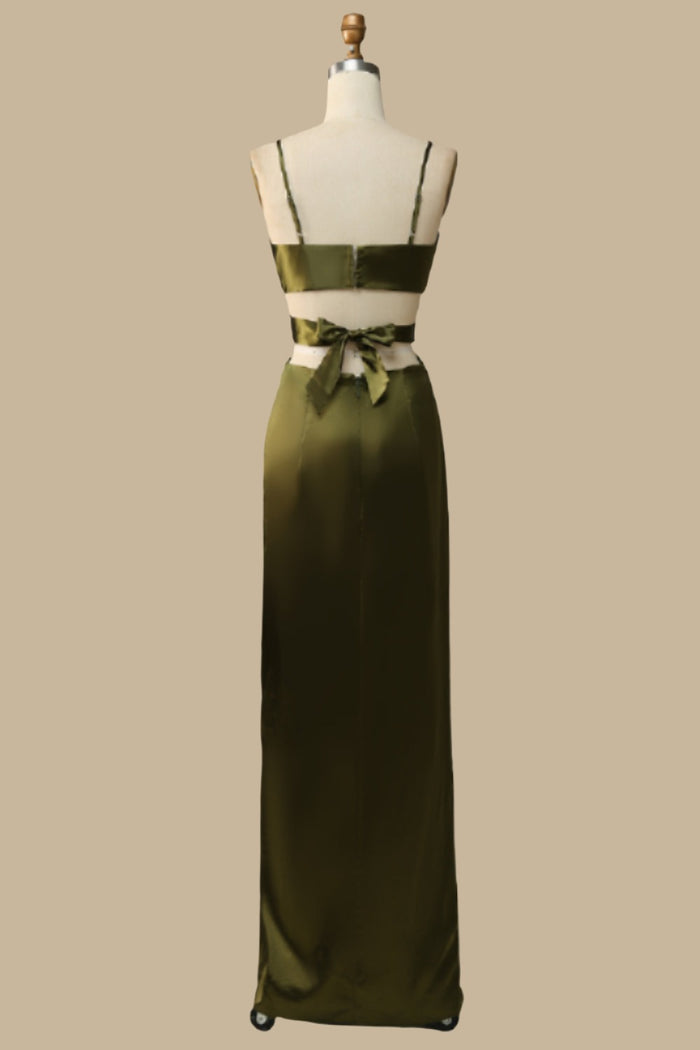 Olive Green V-Neck Cutout Maxi Dress with Spaghetti Straps