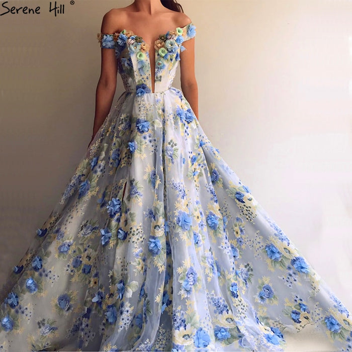 On Sale No Return No Refund Romantic Blue Flowers Evening Dresses Off Shoulder Beach Fromal Evening Gowns LA6660 - SERENE HILL