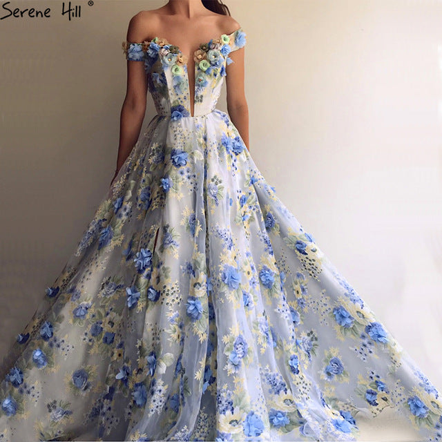 On Sale No Return No Refund Romantic Blue Flowers Evening Dresses Off Shoulder Beach Fromal Evening Gowns LA6660 - SERENE HILL