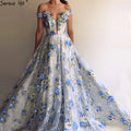 On Sale No Return No Refund Romantic Blue Flowers Evening Dresses Off Shoulder Beach Fromal Evening Gowns LA6660 - SERENE HILL