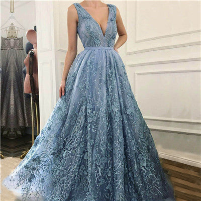 On Sale no return no refund Sale Deep-V Tulle Evening Dresses Appliques Pearls Sleeveless LA6482 - SERENE HILL