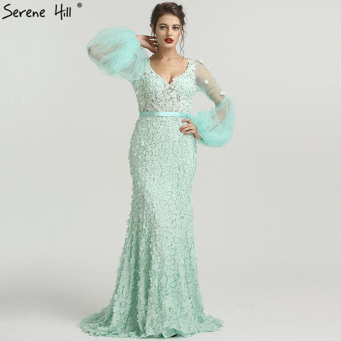 On Sale No Return No Refund V-Neck Long Sleeves Mermaid Evening Dresses Flowers Pearls Fashion LA6514 - SERENE HILL