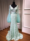 On Sale No Return No Refund V-Neck Long Sleeves Mermaid Evening Dresses Flowers Pearls Fashion LA6514 - SERENE HILL