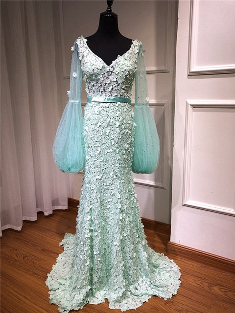 On Sale No Return No Refund V-Neck Long Sleeves Mermaid Evening Dresses Flowers Pearls Fashion LA6514 - SERENE HILL
