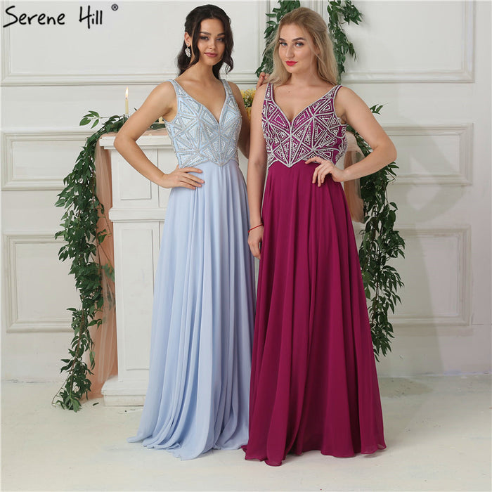 On Sale no return no refundSale Sky Blue Chiffon Sleeveless Prom Dresses Beading Pearls V-Neck Beach Evening Gowns LA6697 - SERENE HILL
