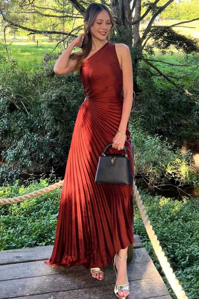 One Shoulder A-Line Pleated Sleeveless Empire-Waist Formal Prom Dress