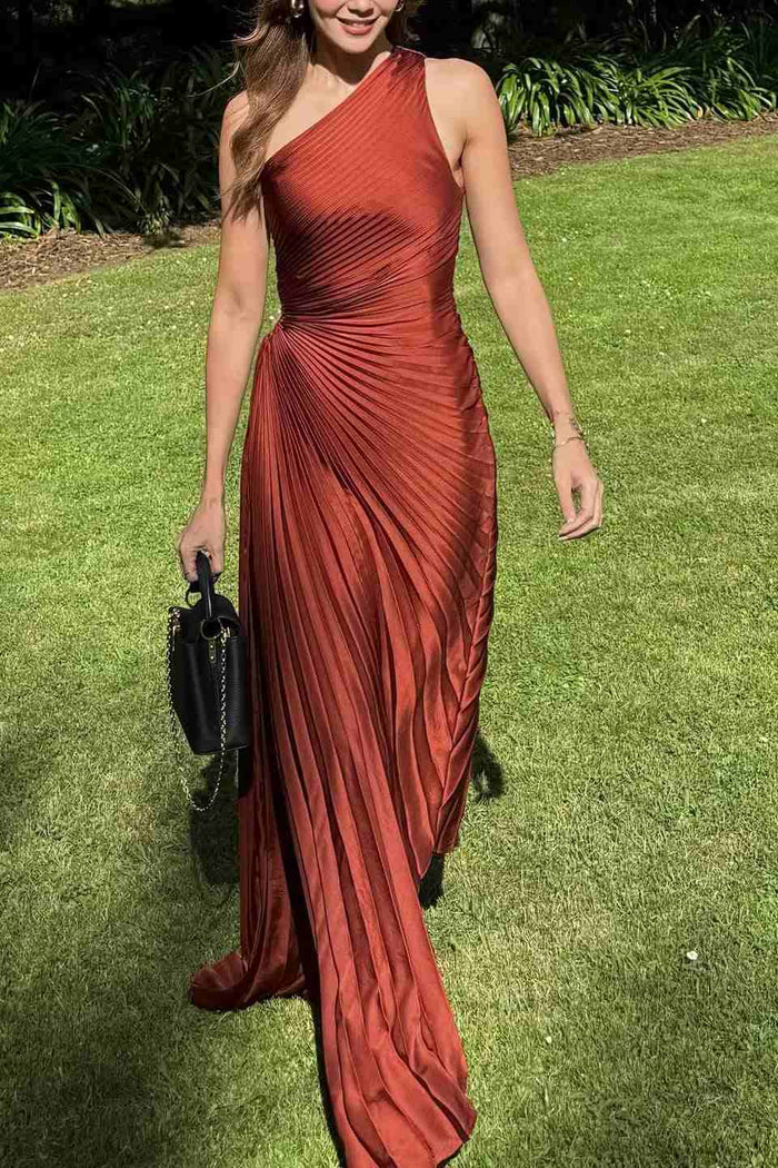 One Shoulder A-Line Pleated Sleeveless Empire-Waist Formal Prom Dress