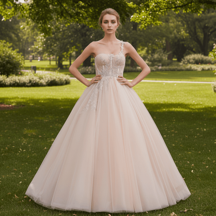 One Shoulder Applique Lace Puffy Skirt Bridal Wedding Dress - Rosymae