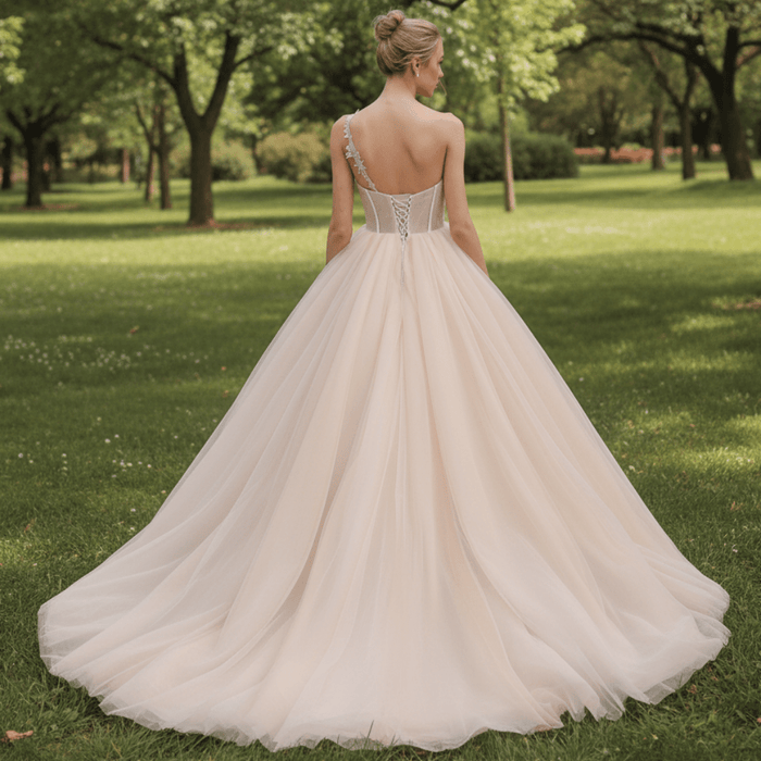 One Shoulder Applique Lace Puffy Skirt Bridal Wedding Dress - Rosymae