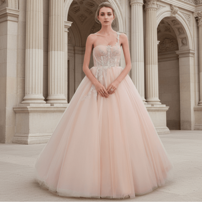 One Shoulder Applique Lace Puffy Skirt Bridal Wedding Dress - Rosymae