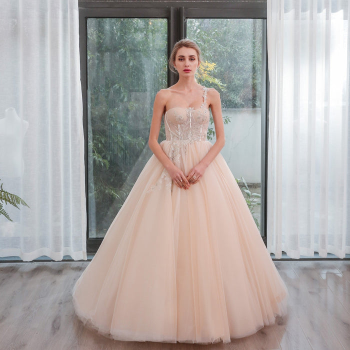 One Shoulder Applique Lace Puffy Skirt Bridal Wedding Dress - Rosymae