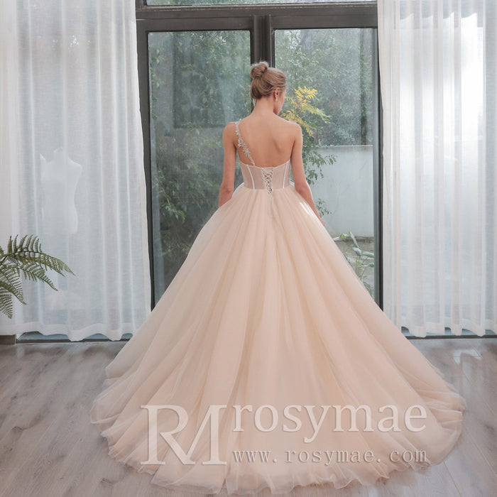 One Shoulder Applique Lace Puffy Skirt Bridal Wedding Dress - Rosymae