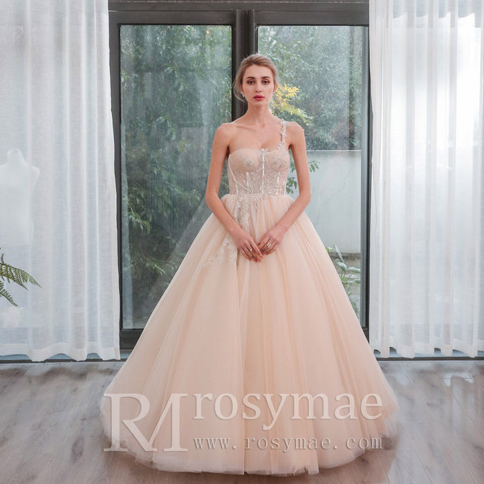 One Shoulder Applique Lace Puffy Skirt Bridal Wedding Dress - Rosymae
