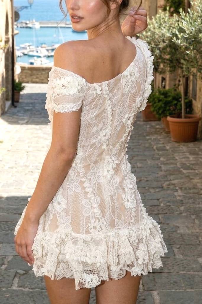 One Shoulder Lace Appliques 3D Flower Short Homecoming Dress