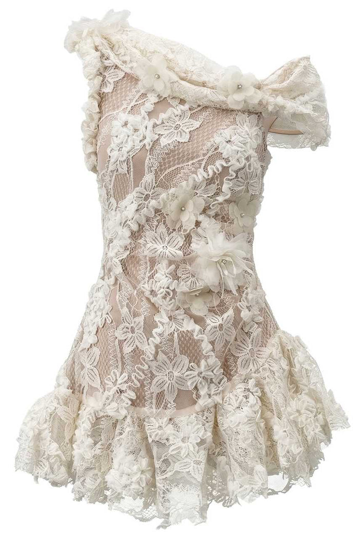 One Shoulder Lace Appliques 3D Flower Short Homecoming Dress