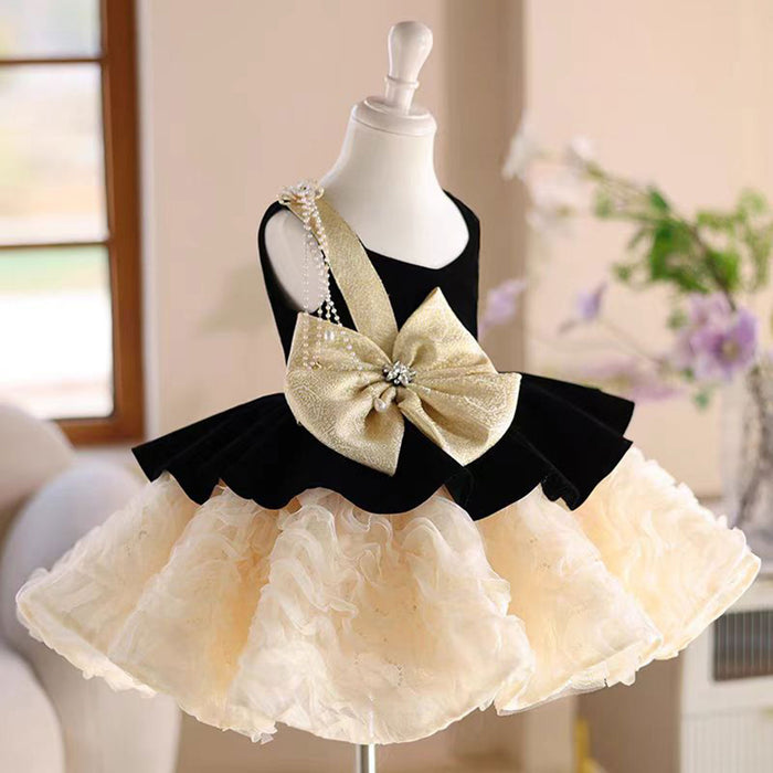 One shoulder Pearl Necklace Girl Dress With Bow Sleeveless J726