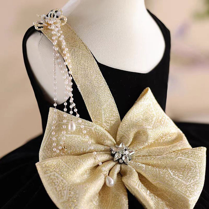 One shoulder Pearl Necklace Girl Dress With Bow Sleeveless J726